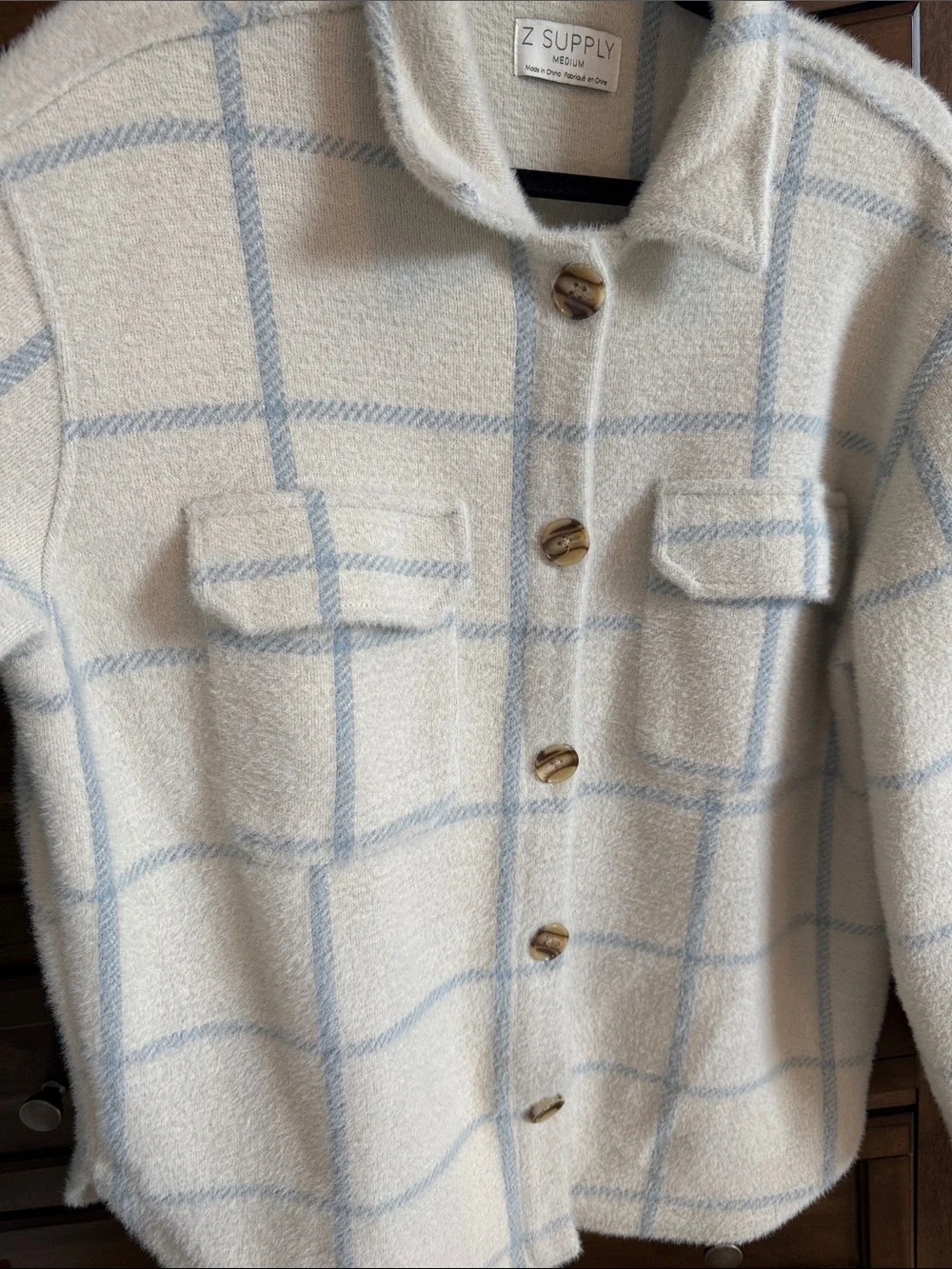 Z Supply Cream and Light Blue Teddy Shacket